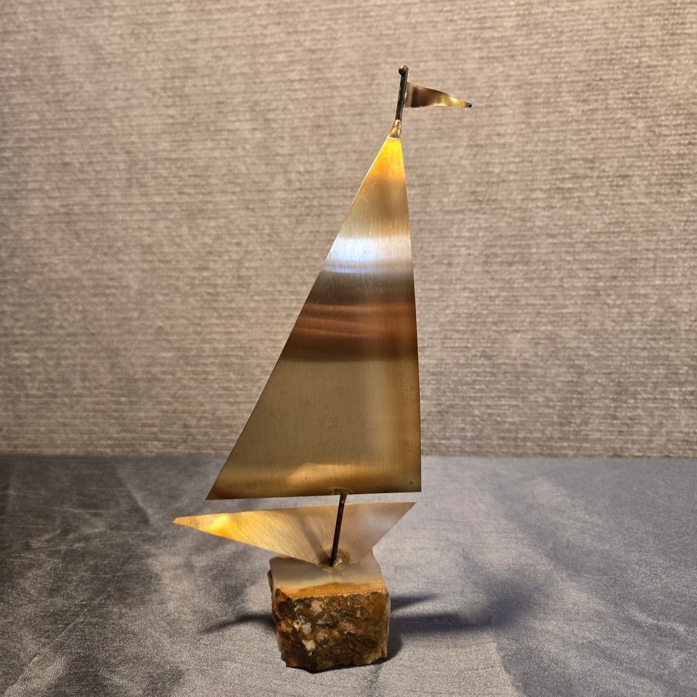 Vintage J Strong Signed Brutalist Brass Sailboat Sculpture on Onyx Stone‎ Base